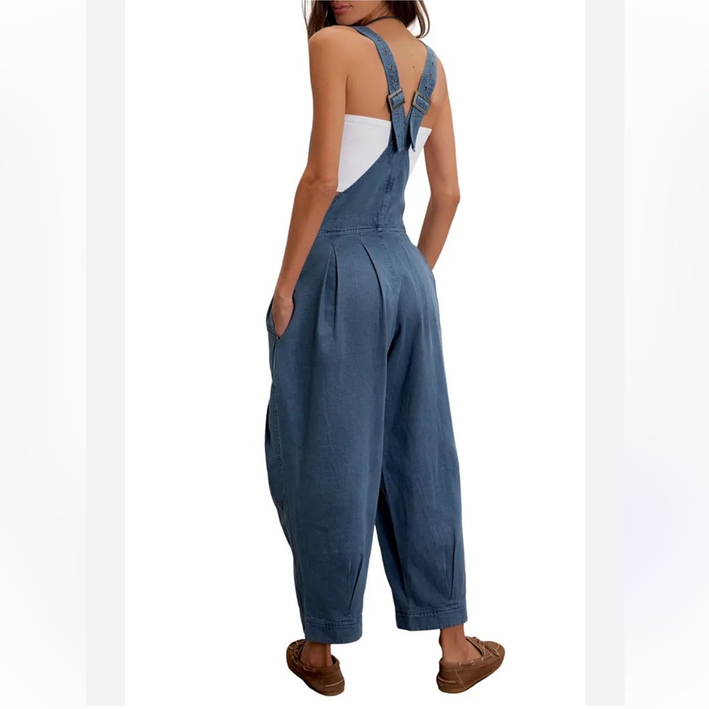 Free people Felix taper Women's Blue Denim Overalls buckle size M Like new - Picture 2 of 15